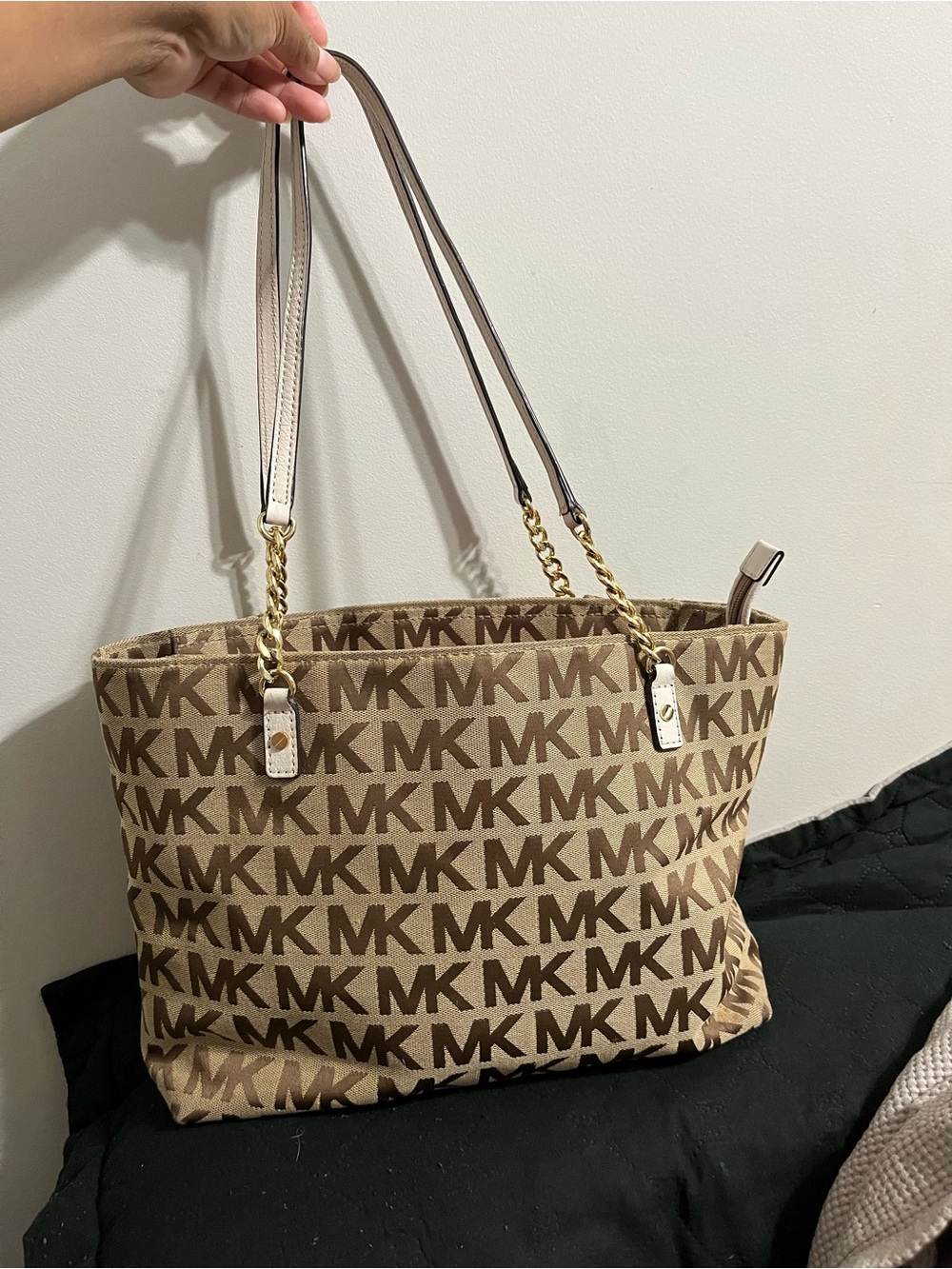 Michael Kors Tan Brown MK Logo Chain-Handle Tote
